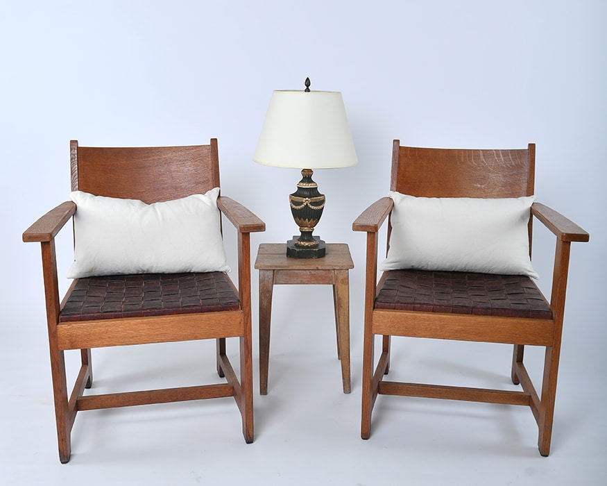 English Stool, Table Lamp, Armchairs with Woven Leather Seats